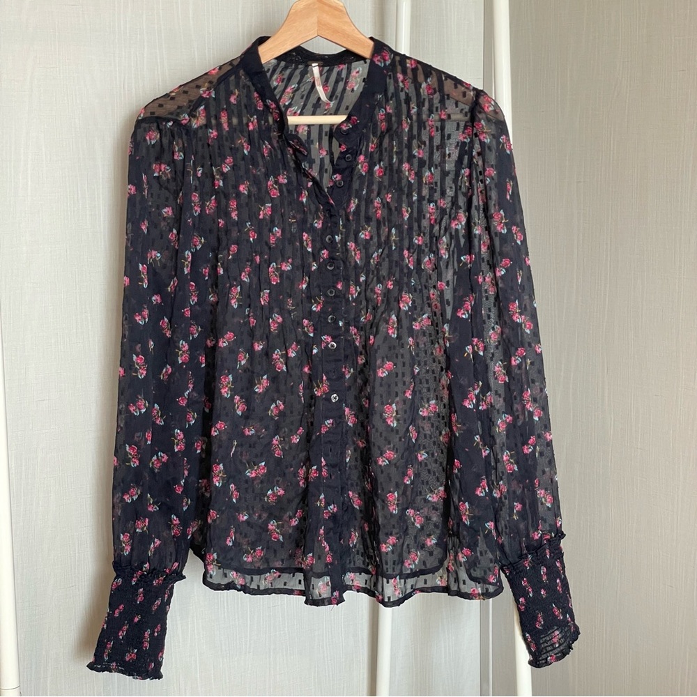 Free People Sheer Black Floral Blouse